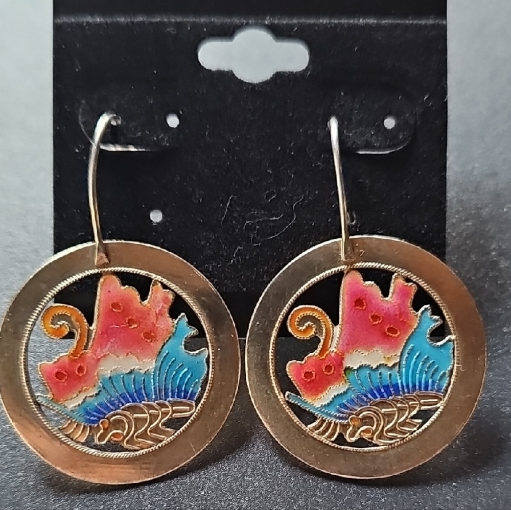 1970s Vintage Cloisonné Koi Pink Blue Wave Laurel Burch? Stamped Silver On Hook